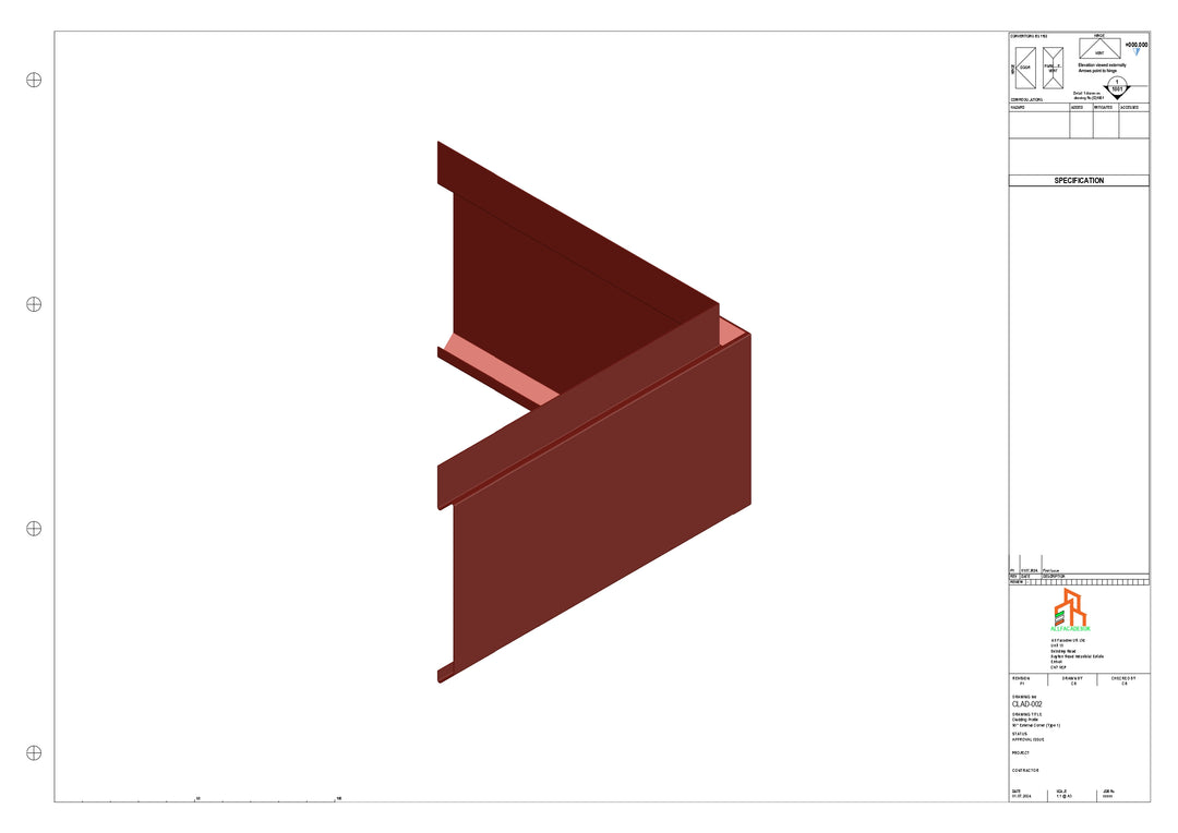 Aluminium Cladding - Type 1 - 90 Degree Ext Corner 300x300mm