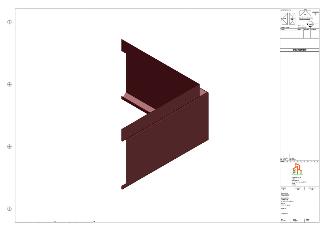 Aluminium Cladding - Type 1 - 90 Degree Ext Corner 300x300mm
