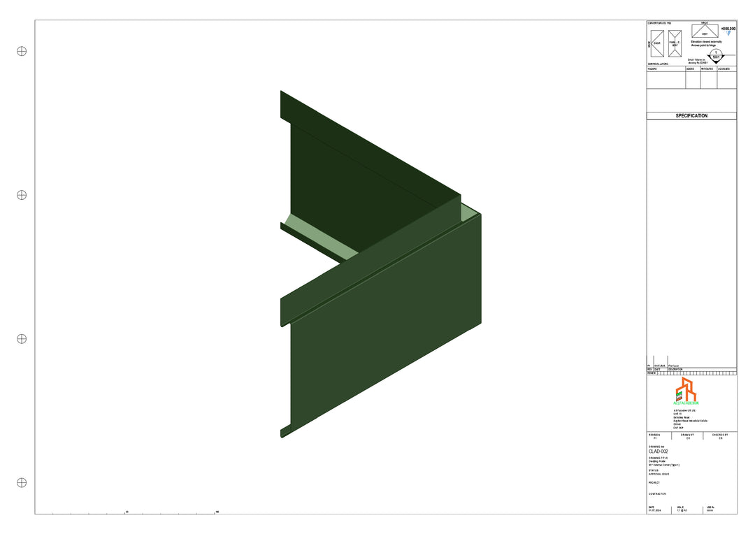 Aluminium Cladding - Type 1 - 90 Degree Ext Corner 300x300mm
