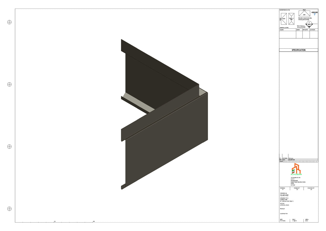 Aluminium Cladding - Type 1 - 90 Degree Ext Corner 300x300mm