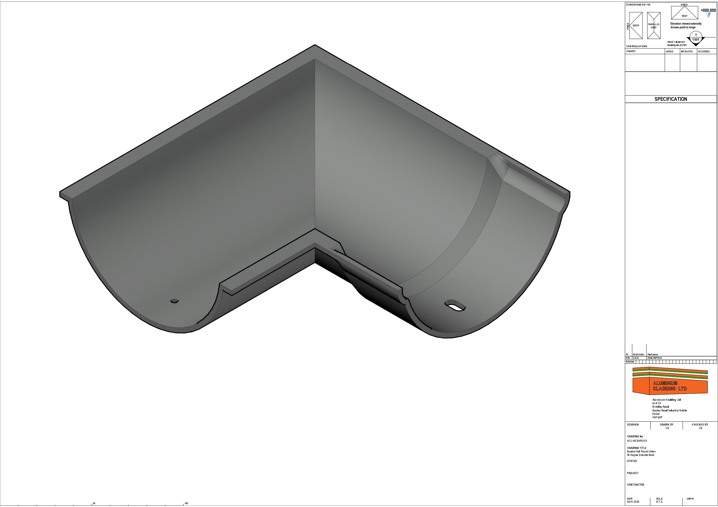 Ap50hr Half Round Cladding Cast Aluminium Beaded Half Round Gutter 90 degree External left ...