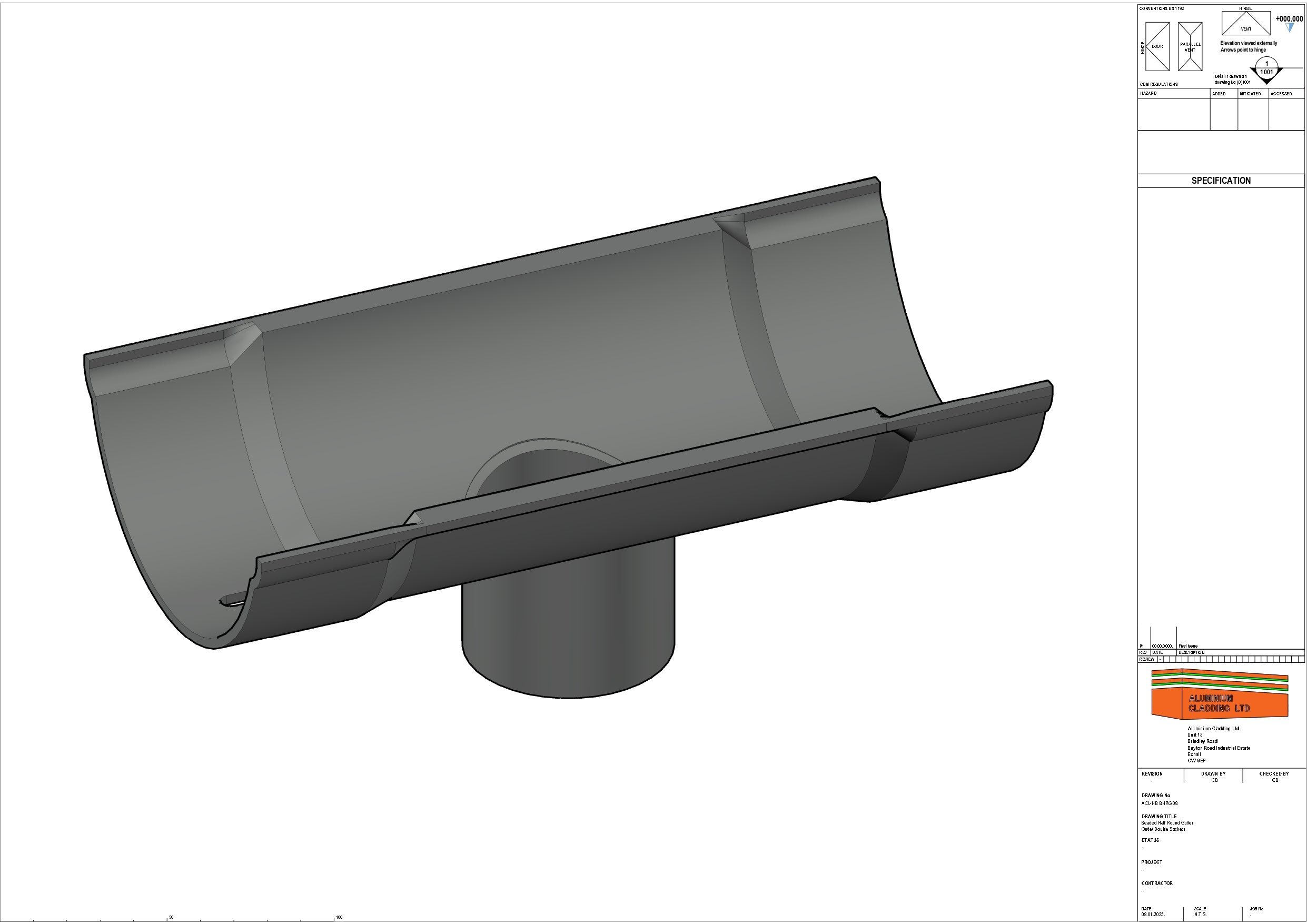 Cast Aluminium Beaded Half Round Gutter Outlet Double Socket ...