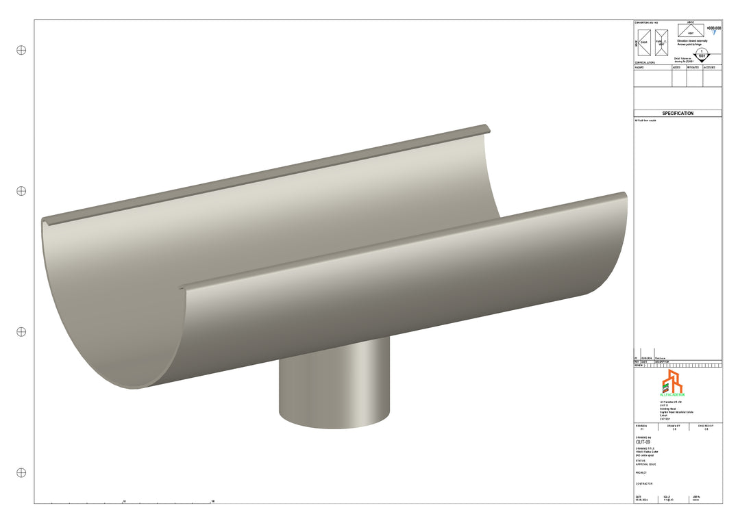 Aluminium Radius Gutter - Type 3 - Centre Spout - 100 Dia