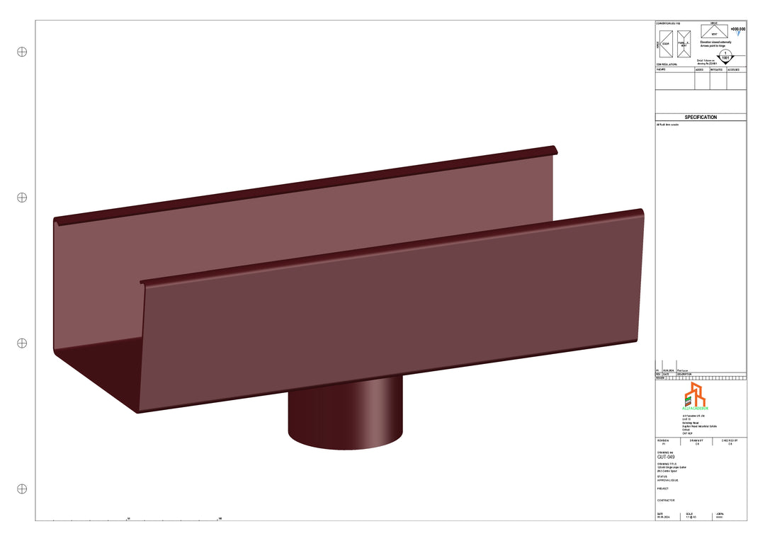 Aluminium Single Slope Gutter - Type 5 - Centre Spout - 100 Dia