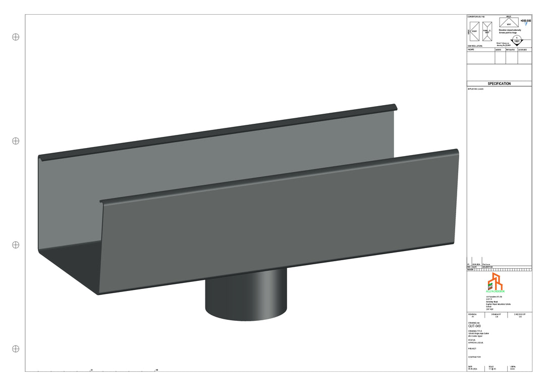 Aluminium Single Slope Gutter - Type 5 - Centre Spout - 100 Dia