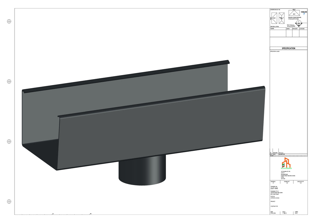 Aluminium Single Slope Gutter - Type 5 - Centre Spout - 100 Dia
