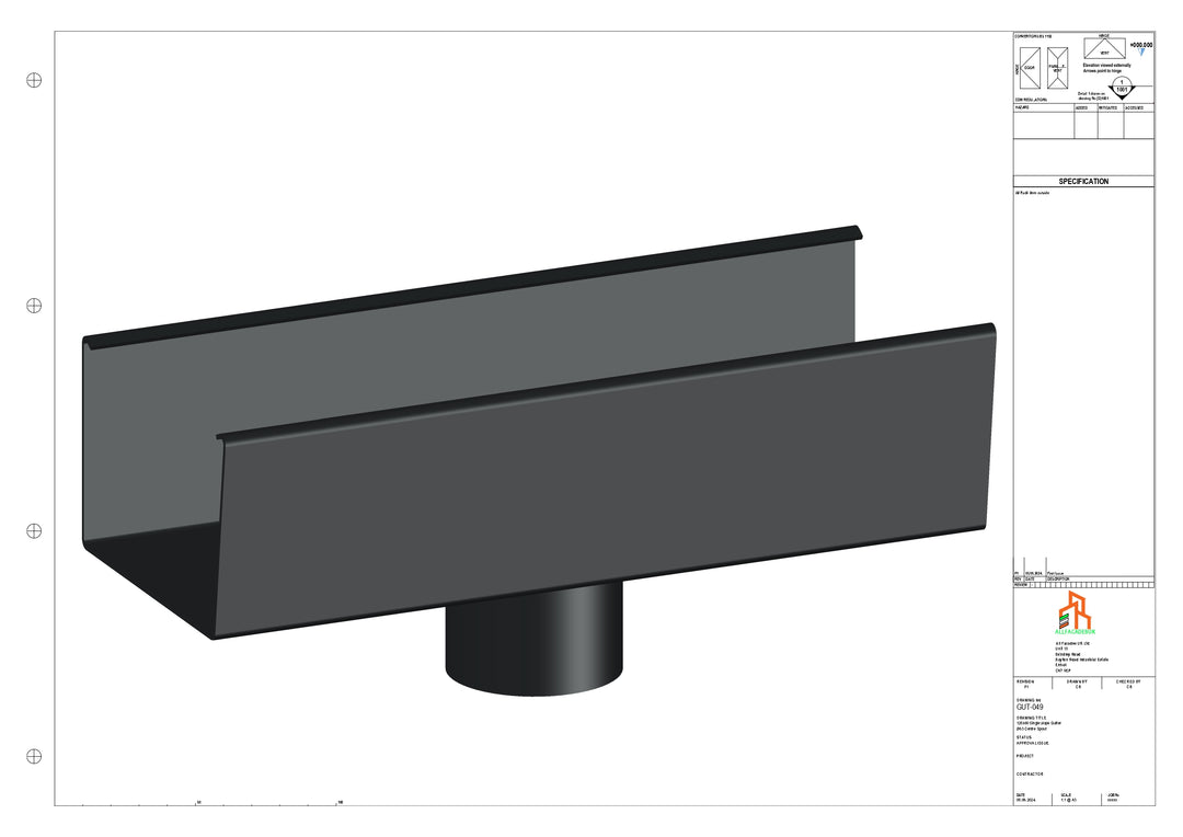 Aluminium Single Slope Gutter - Type 5 - Centre Spout - 100 Dia