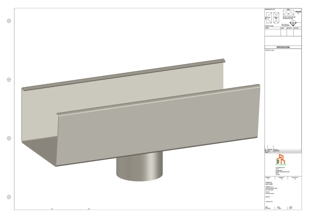 Aluminium Single Slope Gutter - Type 5 - Centre Spout - 100 Dia