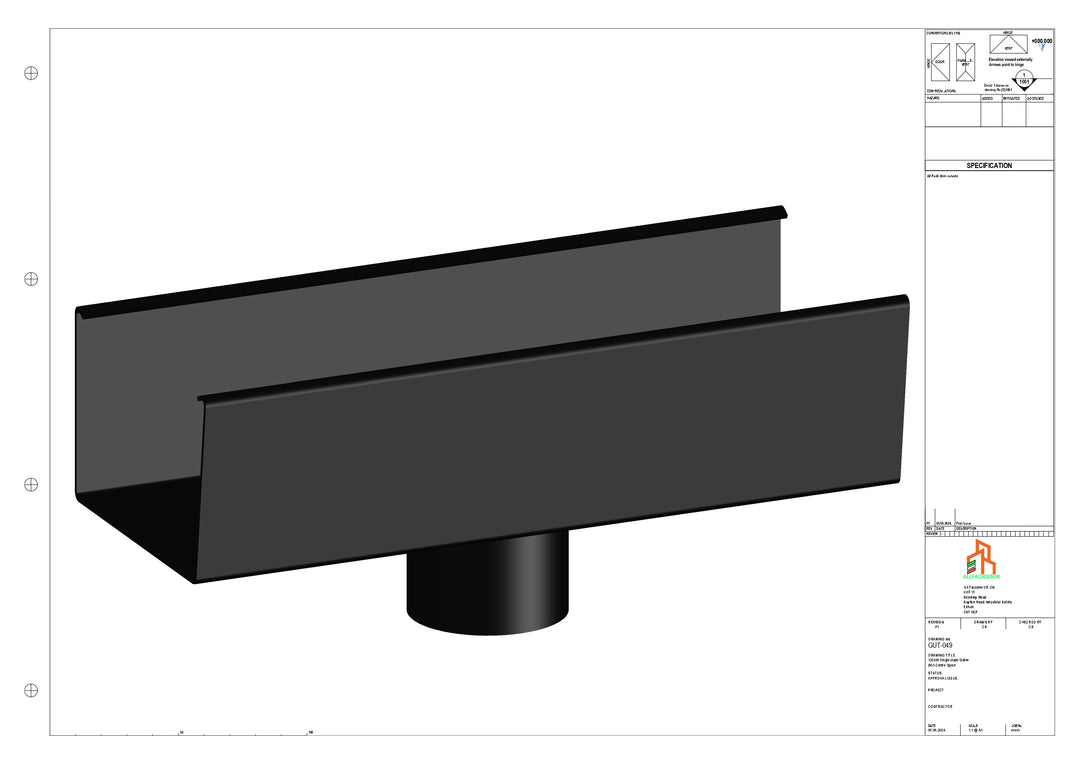 Aluminium Single Slope Gutter - Type 5 - Centre Spout - 100 Dia