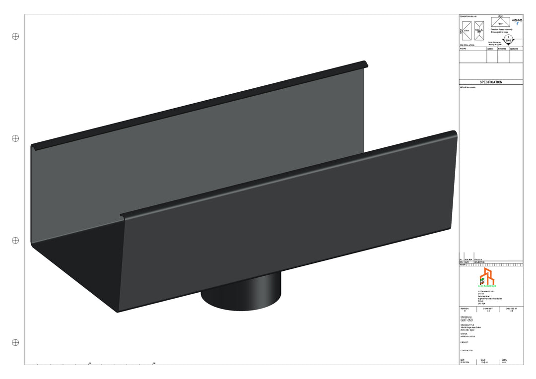 Aluminium Single Slope Gutter - Type 6 - Centre Spout - 76 Dia